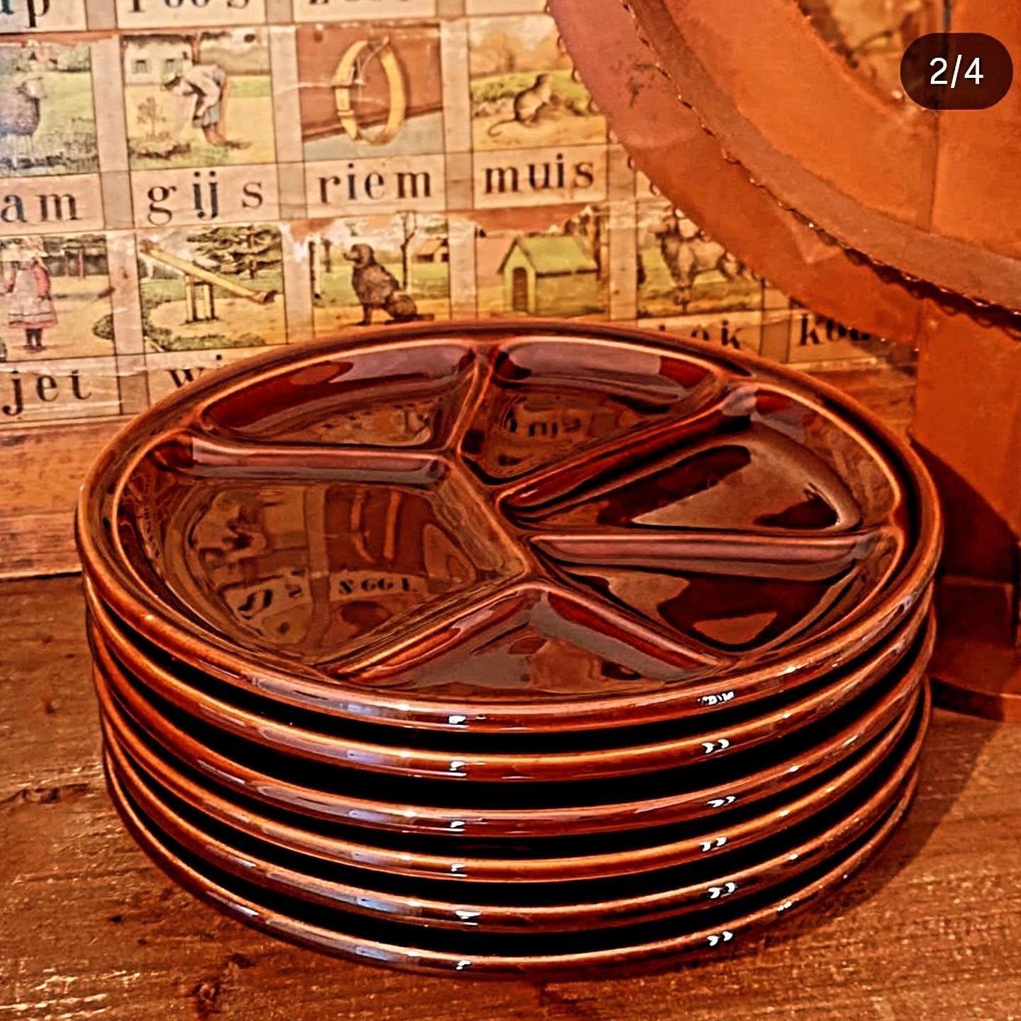 Maarliefst 9 Vintage fondue / gourmet borden set Gien France, Ophalen of Verzenden
