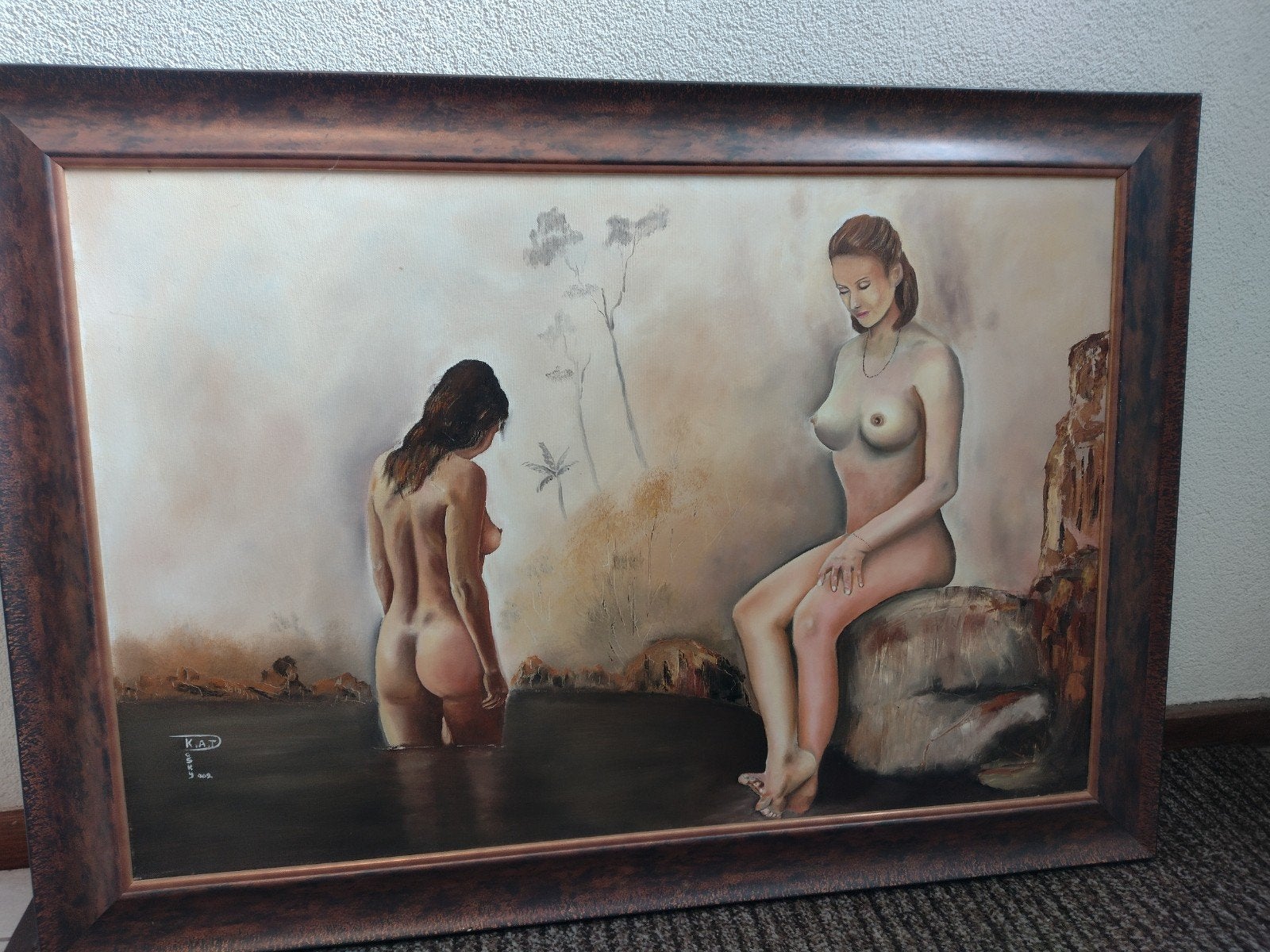 Olieverfschilderij: Twee naakte vrouwen in water, Antiek en Kunst, Ophalen
