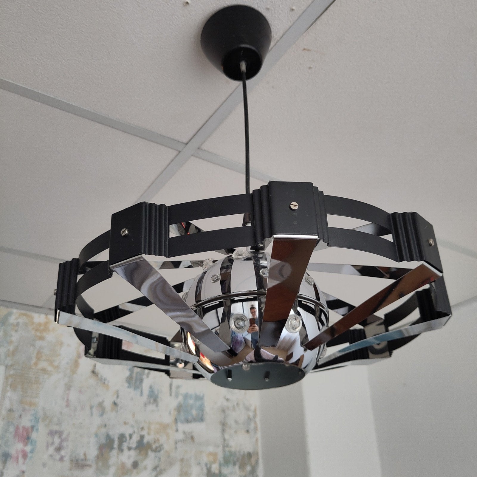 Space Age Plafondlamp - Chroom & zwart metaal, Space Age, Kunststof, Zo goed als nieuw, E27 (groot)