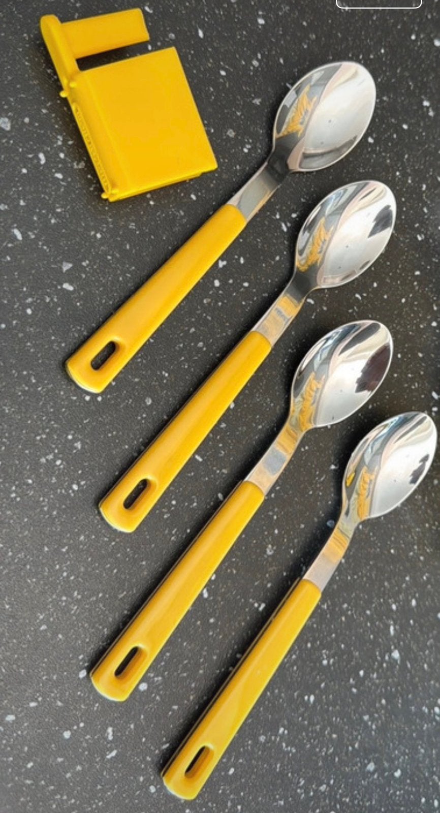 Rosti Mepal theelepels met clip geel, Ophalen of Verzenden, Zo goed als nieuw, Rvs of Chroom