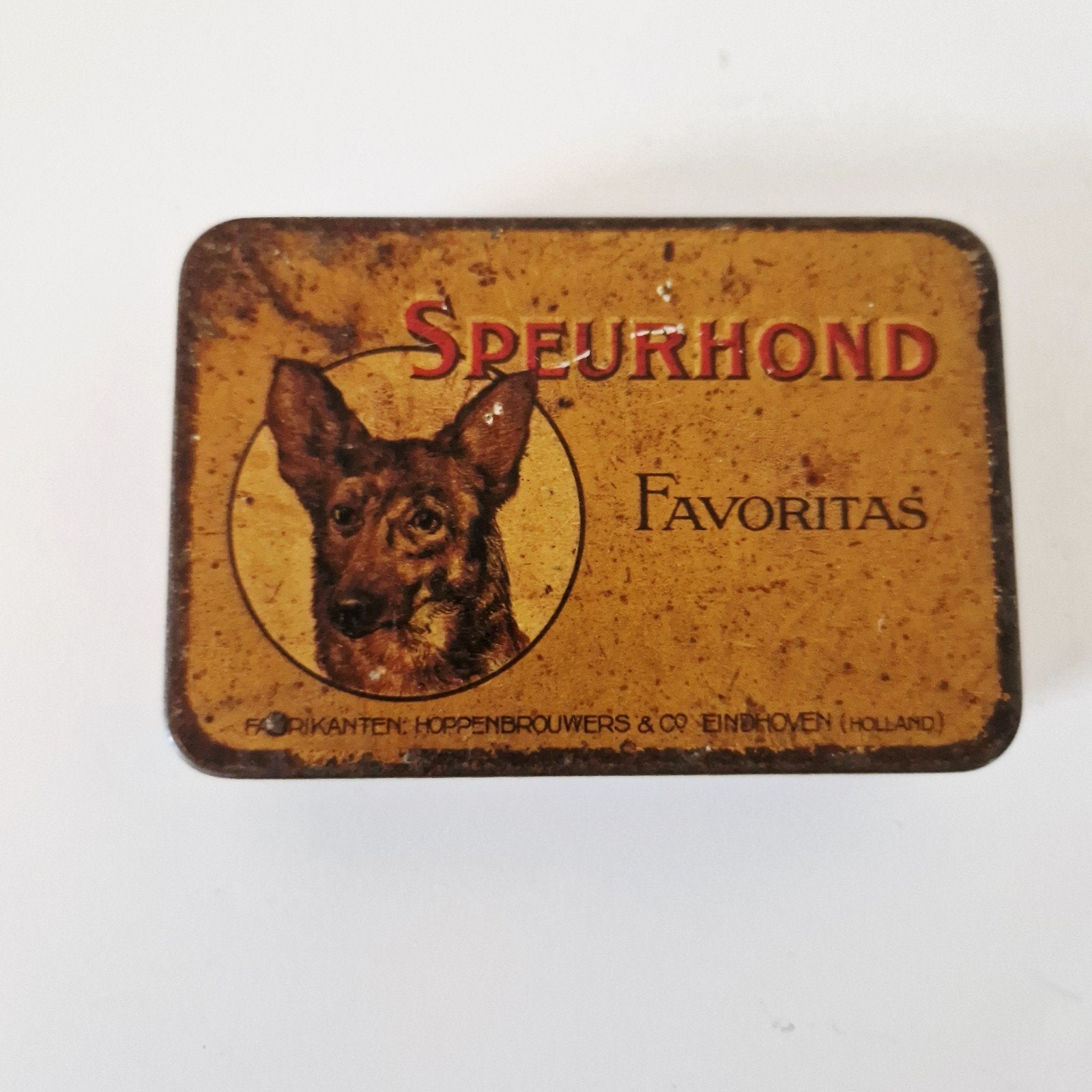 Vintage blikken speurhond Favoritas verzamelobject, Ophalen of Verzenden, Gebruikt