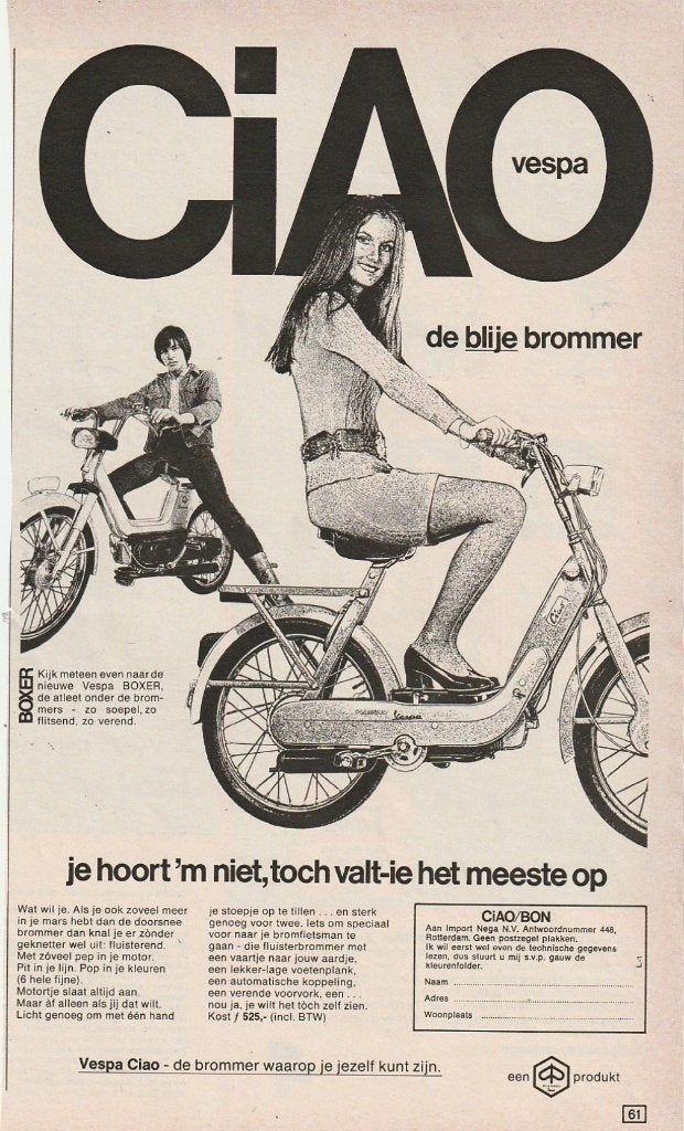 Retro reclame 1971 Vespa Ciao brommer je hoort 'm niet, Verzenden, Overige typen