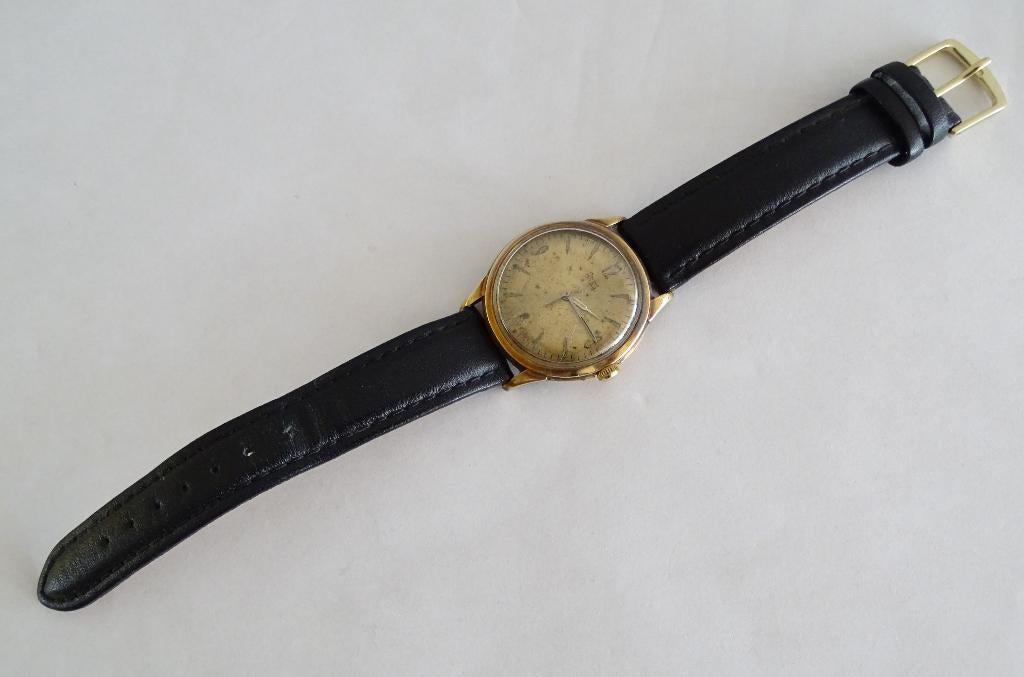 Goud oud heren horloge Indus de Luxe met leren band, Ophalen of Verzenden, Goud, Overige typen