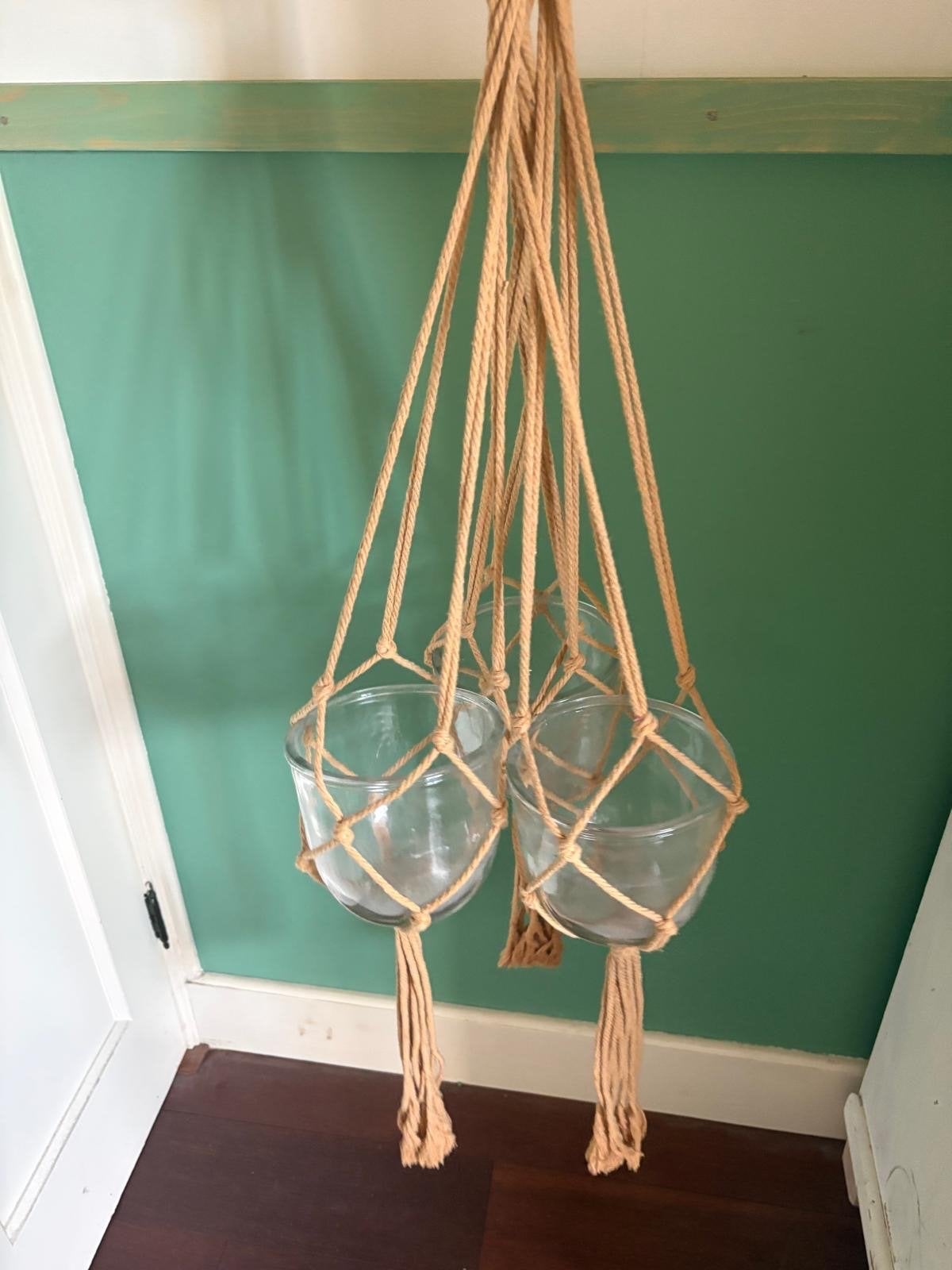 Set van 3 glazen hangpotten met macramé, Ophalen, Gebruikt, Meerkleurig, Boho