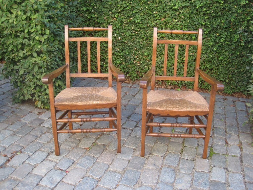 2 Stoelen met rieten zitting en armleuning, Huis en Inrichting, Ophalen, Gebruikt, Twee, Bruin