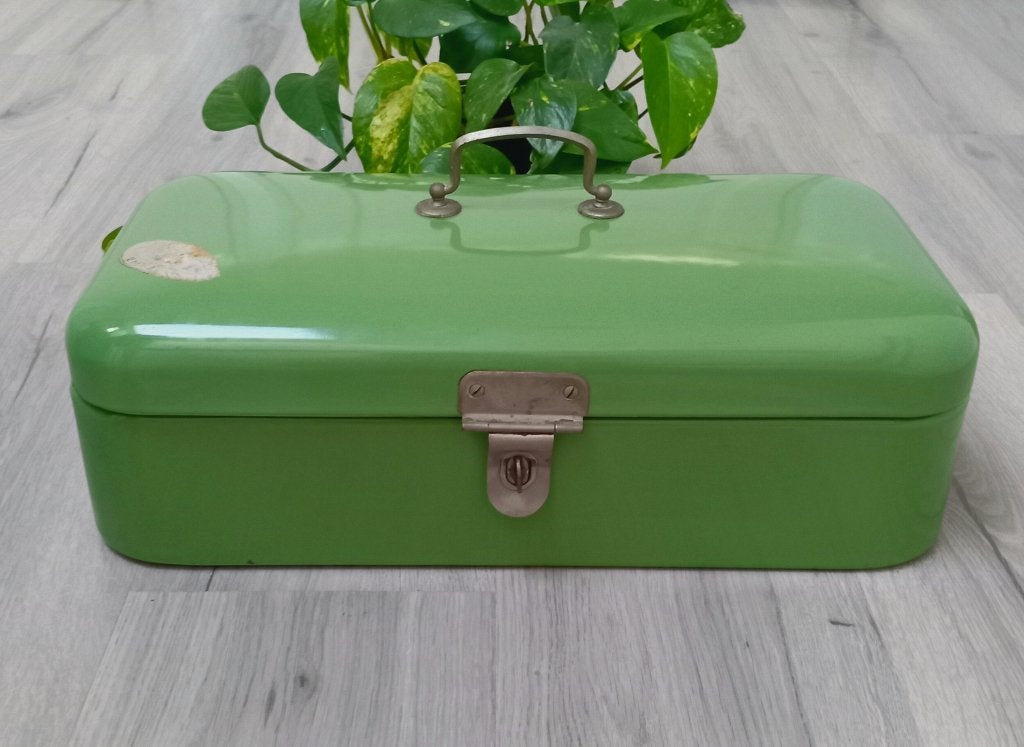 oude emaille broodtrommel licht groen (olijfgroen), Antiek en Kunst, Ophalen of Verzenden