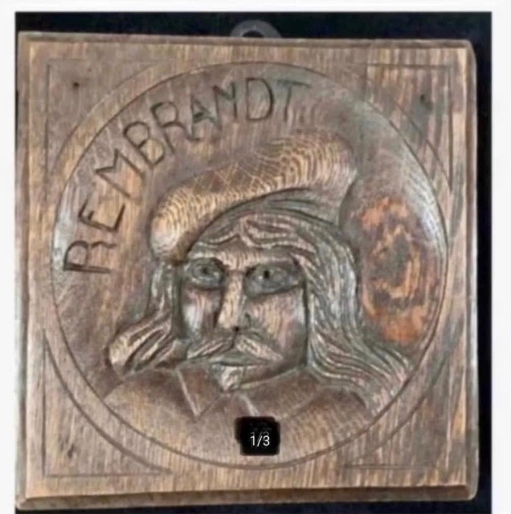 Brocante paneel Hout, Rembrandt, 17 x 17 x 2 cm, Ophalen of Verzenden