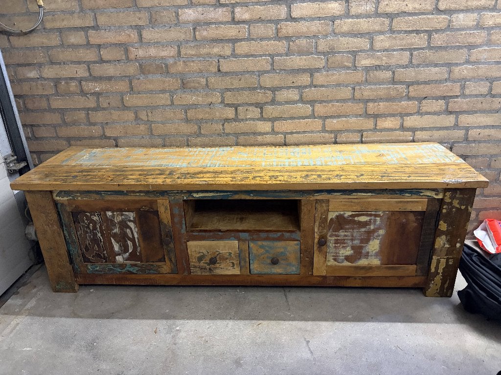 Uniek sloophout TV-meubel / dressoir met lades en deurtjes, 150 tot 200 cm, Met lade(s), Zo goed als nieuw, Ibiza, Industrieel, Vintage