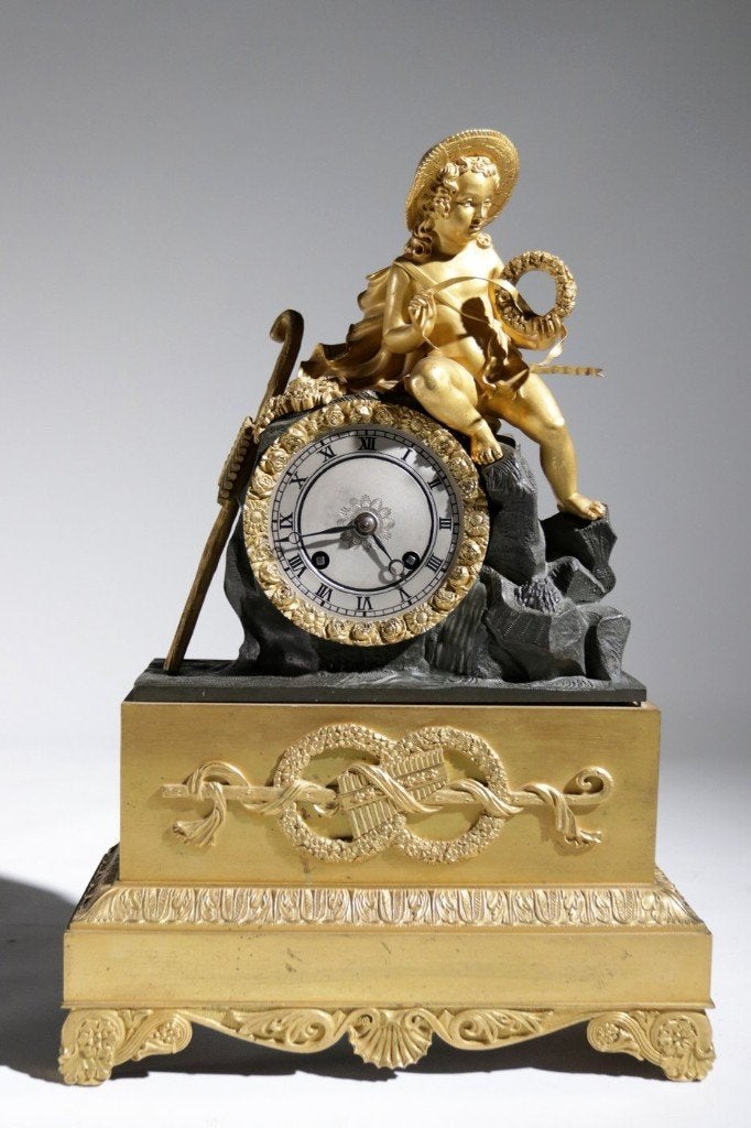 Antieke Empire vuurvergulde pendule schoorsteenklok, Ophalen