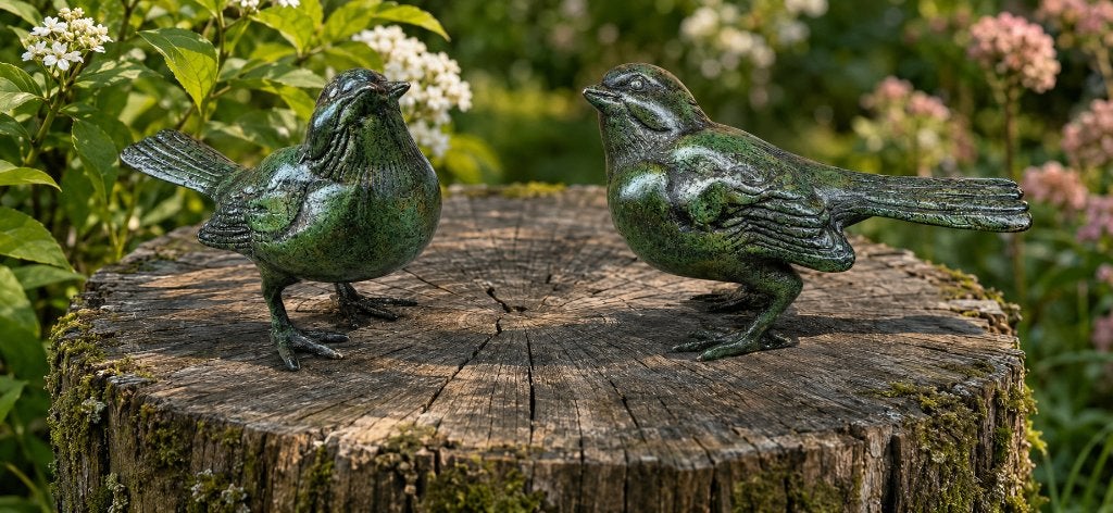 VOGELS / set / brons / MUSSEN / tuinbeeld / groen, Nieuw, Info@huisentuindecoratiemarie.nl, Huis en tuin decoratie marie, Dierenbeeld