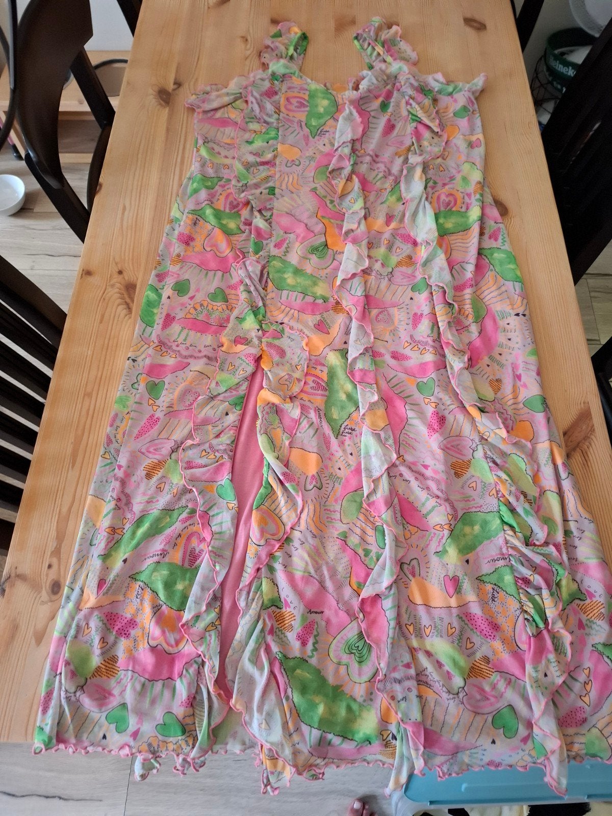 Monki. Gave lange jurk met roezels en spli., Meerkleurig, Jurk, Ophalen of Verzenden, Zo goed als nieuw