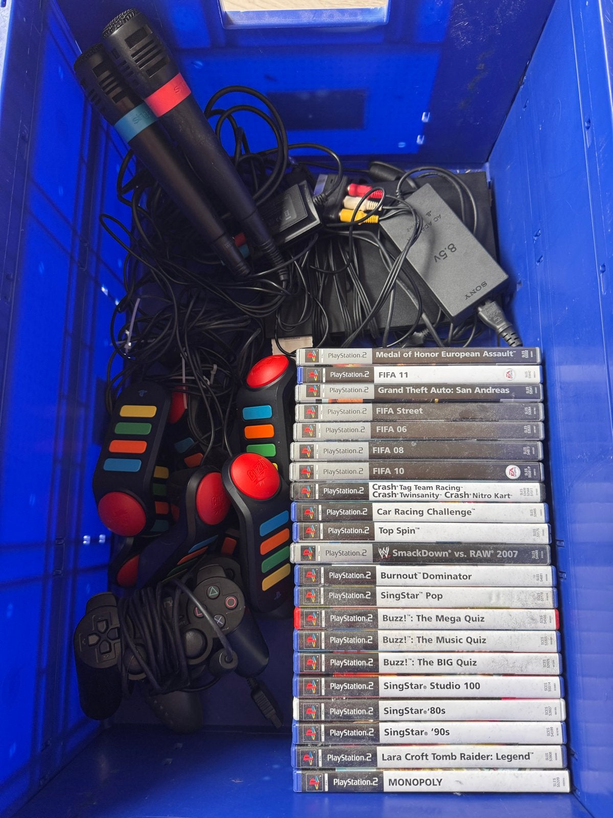 PlayStation 2 compleet met 8 Buzz controllers en meer!, Ophalen, Gebruikt, Met 3 controllers of meer, Met games