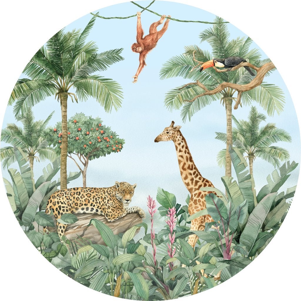 Behangcirkel Jungle dieren Giraffe, Muurcirkel zelfkl. vlies, Verzenden, Nieuw, Wandcirkel