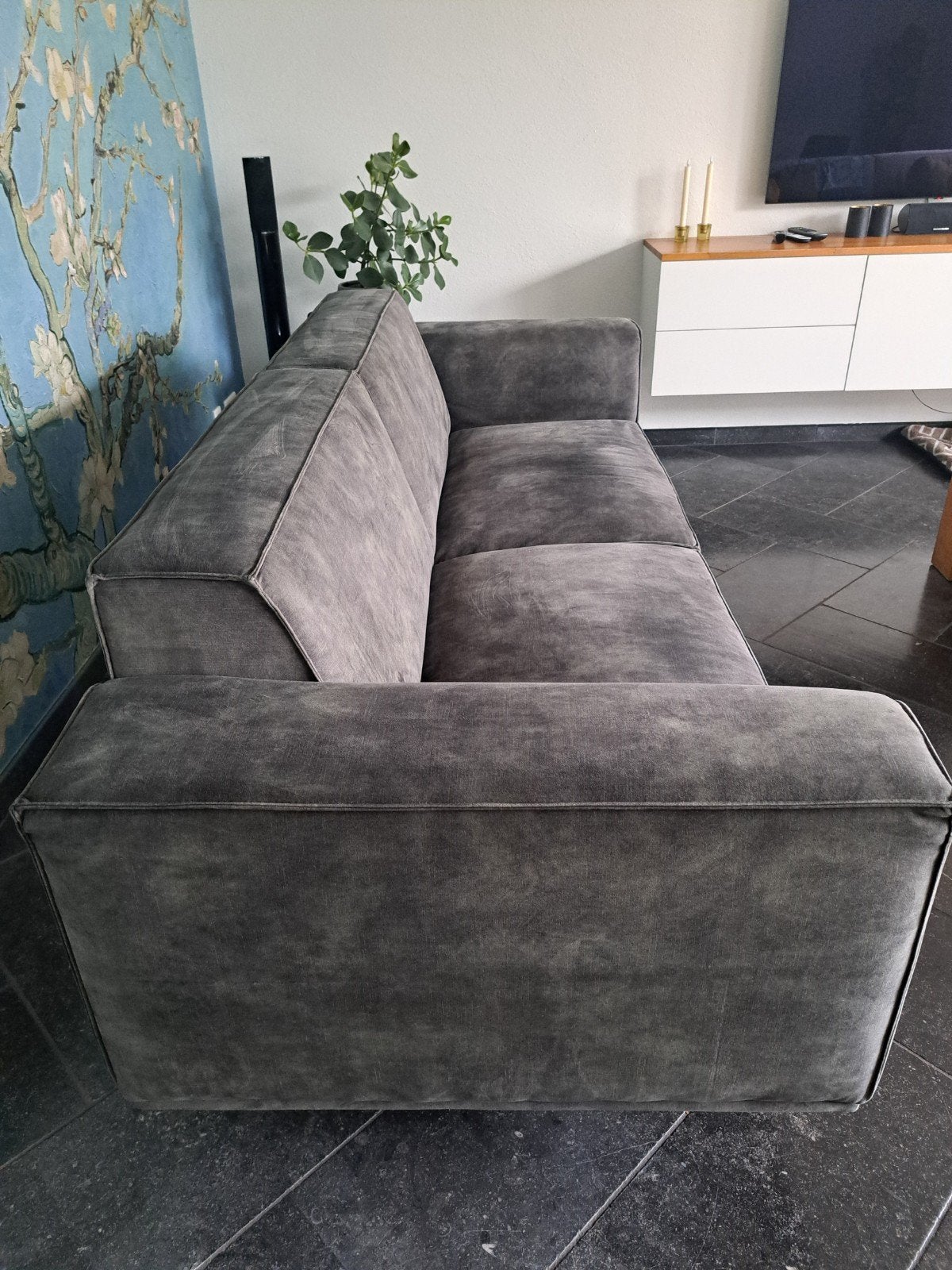 Groene velvet 3-zits bank van De Bommel (220x90x65cm), Ophalen, Driepersoons, 75 tot 100 cm, Zo goed als nieuw