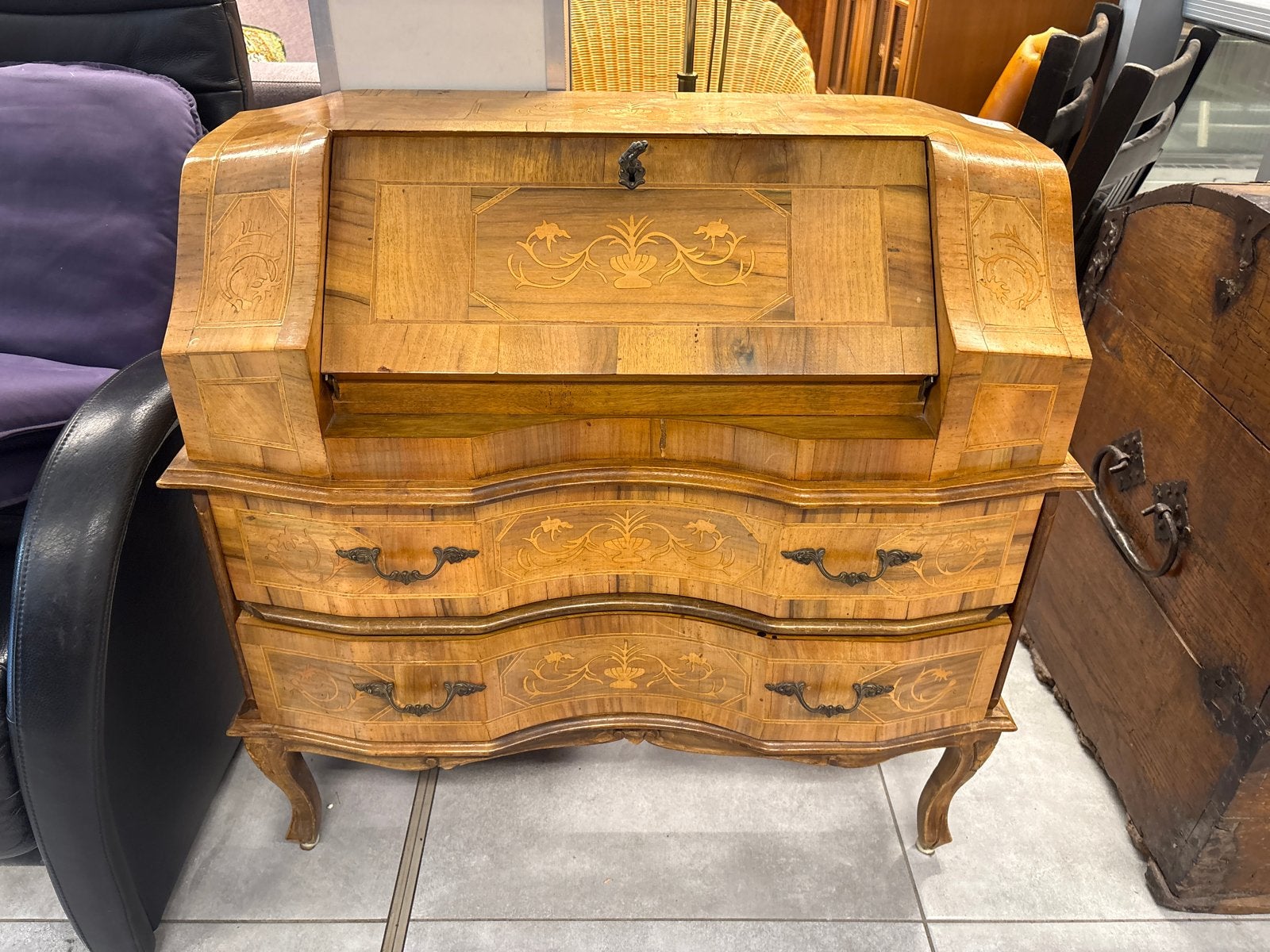 Antieke Secretaire met Intarsia - Prachtig Houten Bureau, Ophalen, Gebruikt