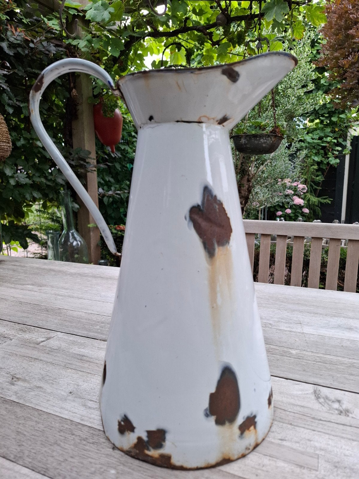 Antieke emaille lampetkan - Brocante tuindecoratie, Ophalen of Verzenden