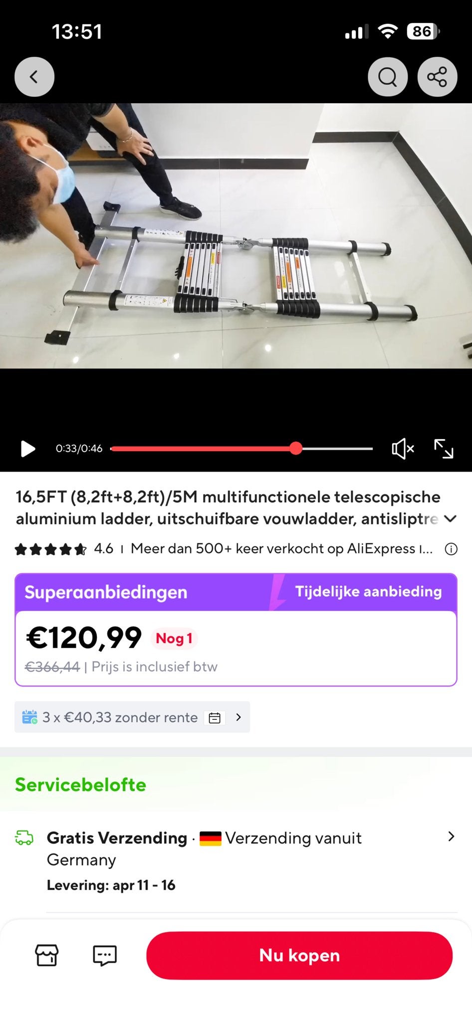 Multifunctionele Telescopische Aluminium Ladder 5M, Doe-het-zelf en Verbouw, Ladders en Trappen, Nieuw, Ophalen of Verzenden, Ladder