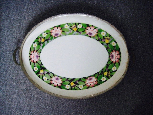 ANTIEK PORSELEINEN DIENBLAD , MET MOOIE BLOEMENRAND, Ophalen of Verzenden