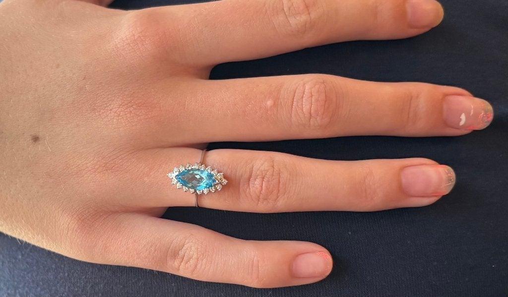 Blauwe topaas 18 diamanten luxe 14k ring goud dame briljant, Voordeelsieraden, Ophalen of Verzenden, Met edelsteen, Dame