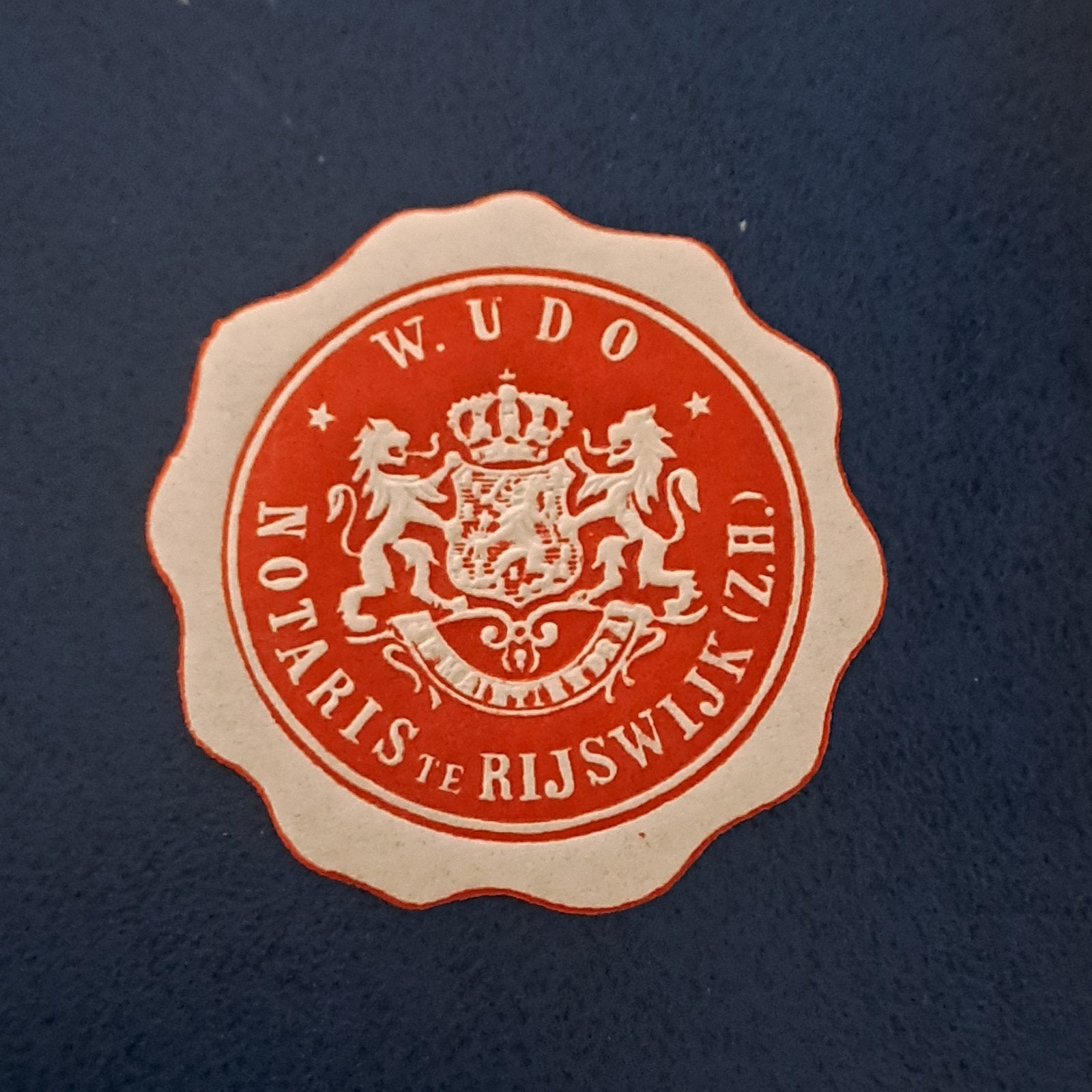 Ongebruikte sluitzegel W. Udo, Notaris te Rijswijk, Ophalen of Verzenden