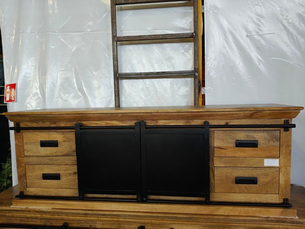 Mangohouten TV-meubel 160 cm met schuifdeuren en lades, Ophalen, Nieuw, Hout