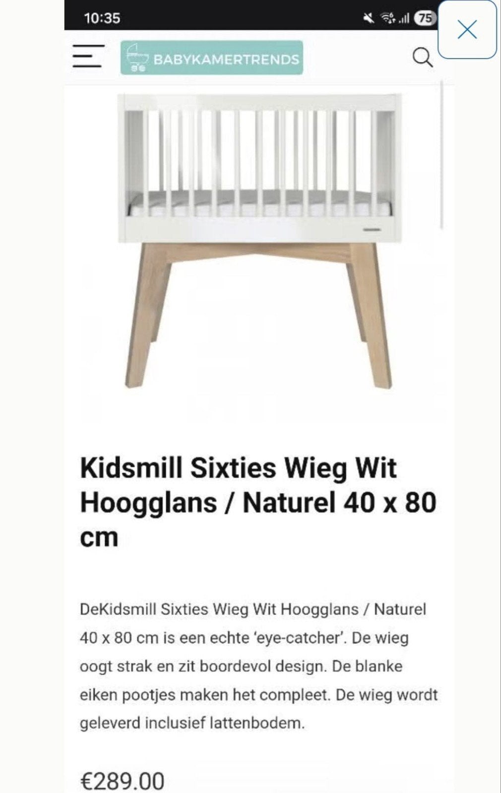Kidsmill Sixties Wieg Wit 80x40 incl. matras, Ophalen