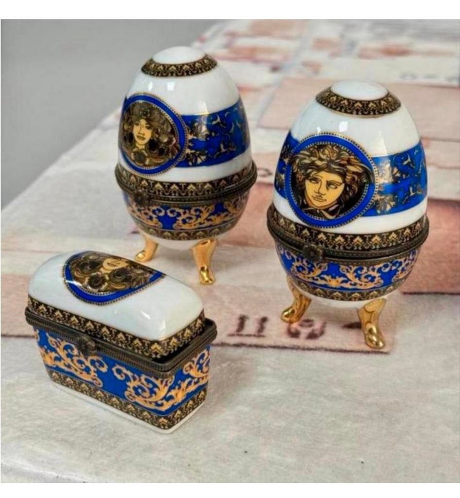 Fabergé ei eieren Versace Medusa SET blauw-wit faberge z/r, Antiek en Kunst, Curiosa en Brocante, Ophalen of Verzenden