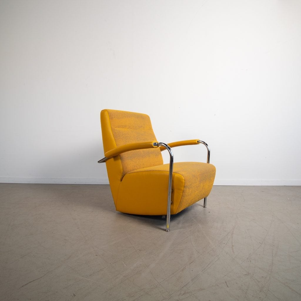 Leolux Scylla Hoog Fauteuil Geel Leer/Stof + Hocker, Huis en Inrichting, Leolux, Zo goed als nieuw, Niet ingevuld, Niet ingevuld