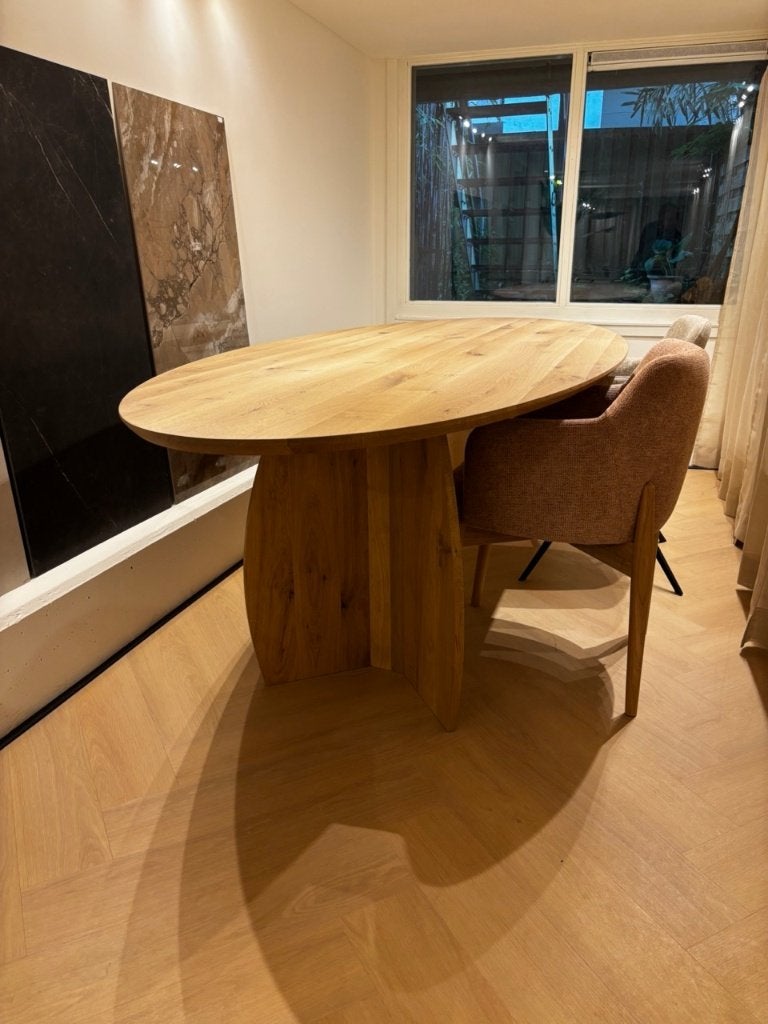 Slanke eiken massief eettafel 260x110cm, Maanpoot | Kas20, Ophalen, 100 tot 150 cm, Eikenhout, 200 cm of meer