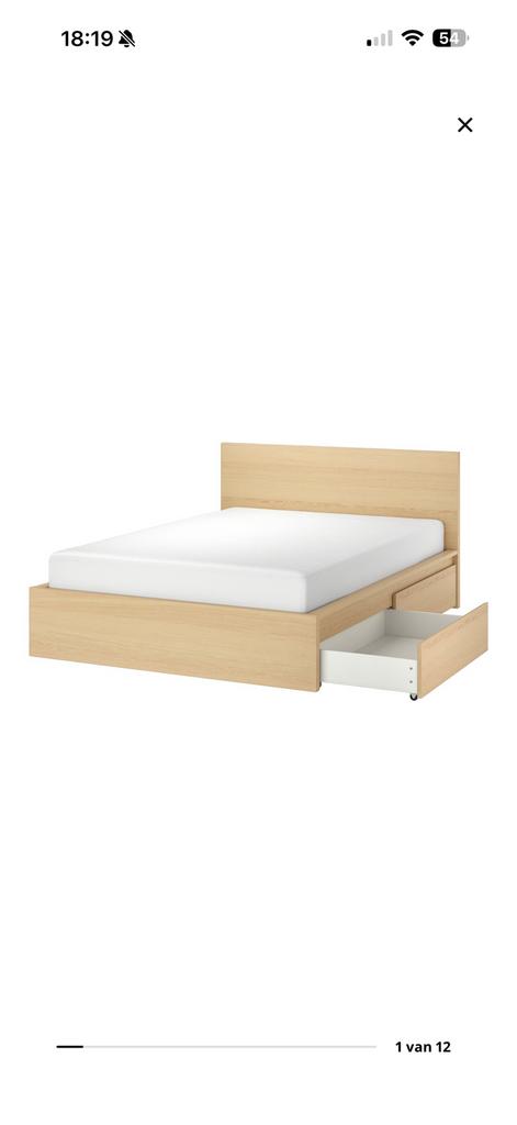 IKEA MALM BED EIKEN 180x200 + 2 NACHTKASTJES, Huis en Inrichting, Slaapkamer | Bedden, Ophalen, Tweepersoons, Zo goed als nieuw