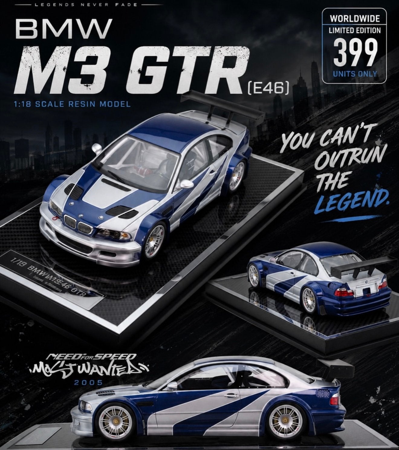 1:18 BMW M3 E46 GTR blauw- zilveren, Hobby en Vrije tijd, Ophalen of Verzenden, Nieuw, Auto, Overige merken