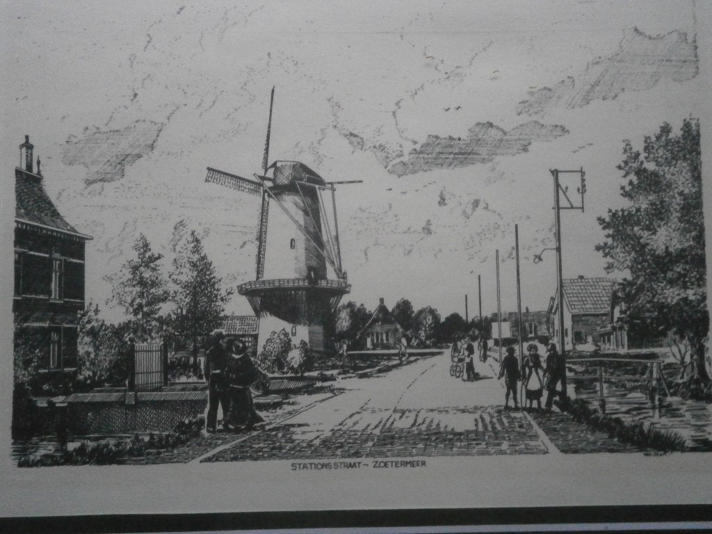 Mooie Prent/Houtsnede ZOETERMEER Stationsstraat/Molen, Gebruikt, Ophalen of Verzenden, Voor 1940, Prent