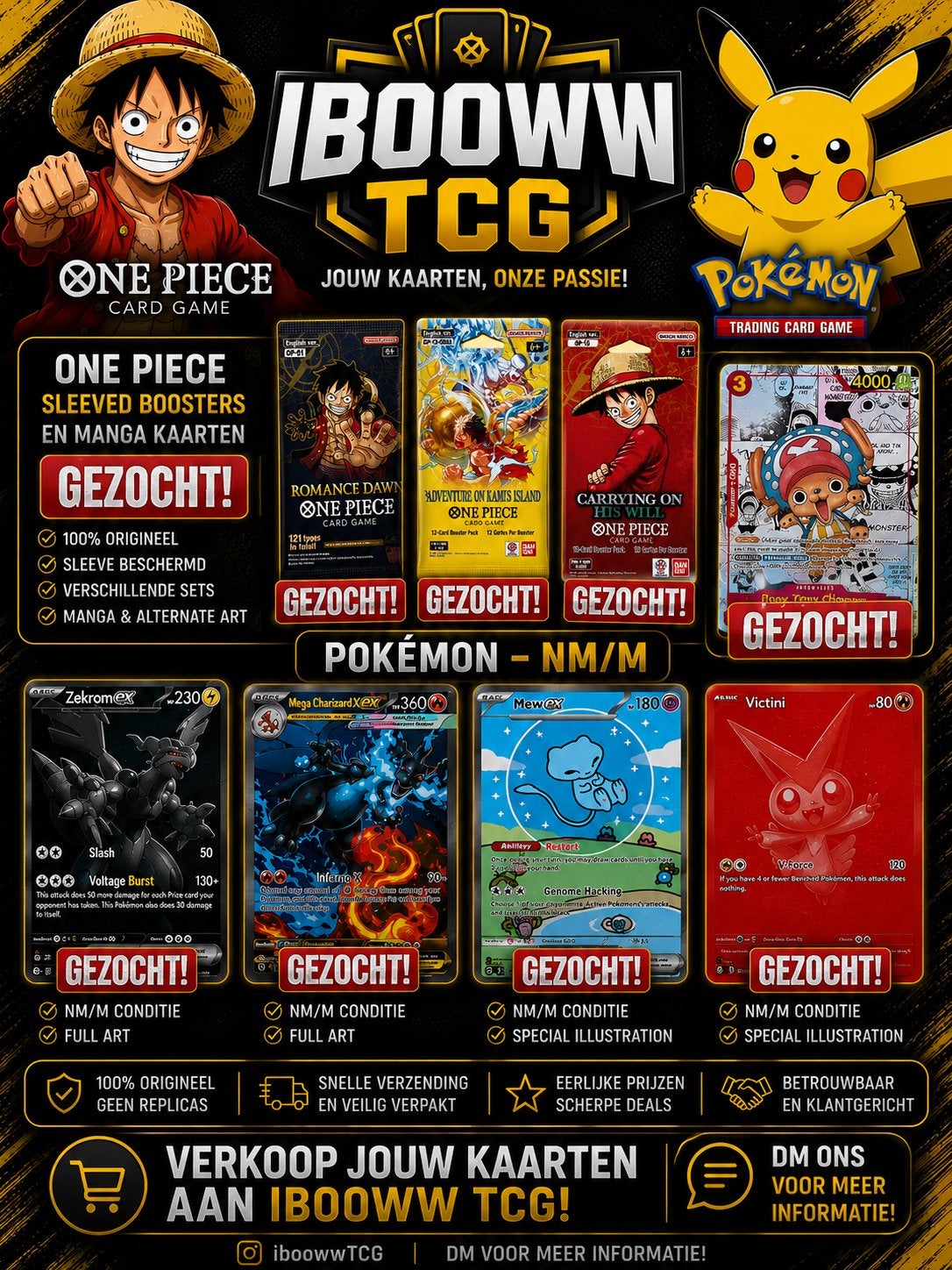 Gezocht!! One piece sleeved boosters en pokemon kaarten, Ophalen of Verzenden, Zo goed als nieuw