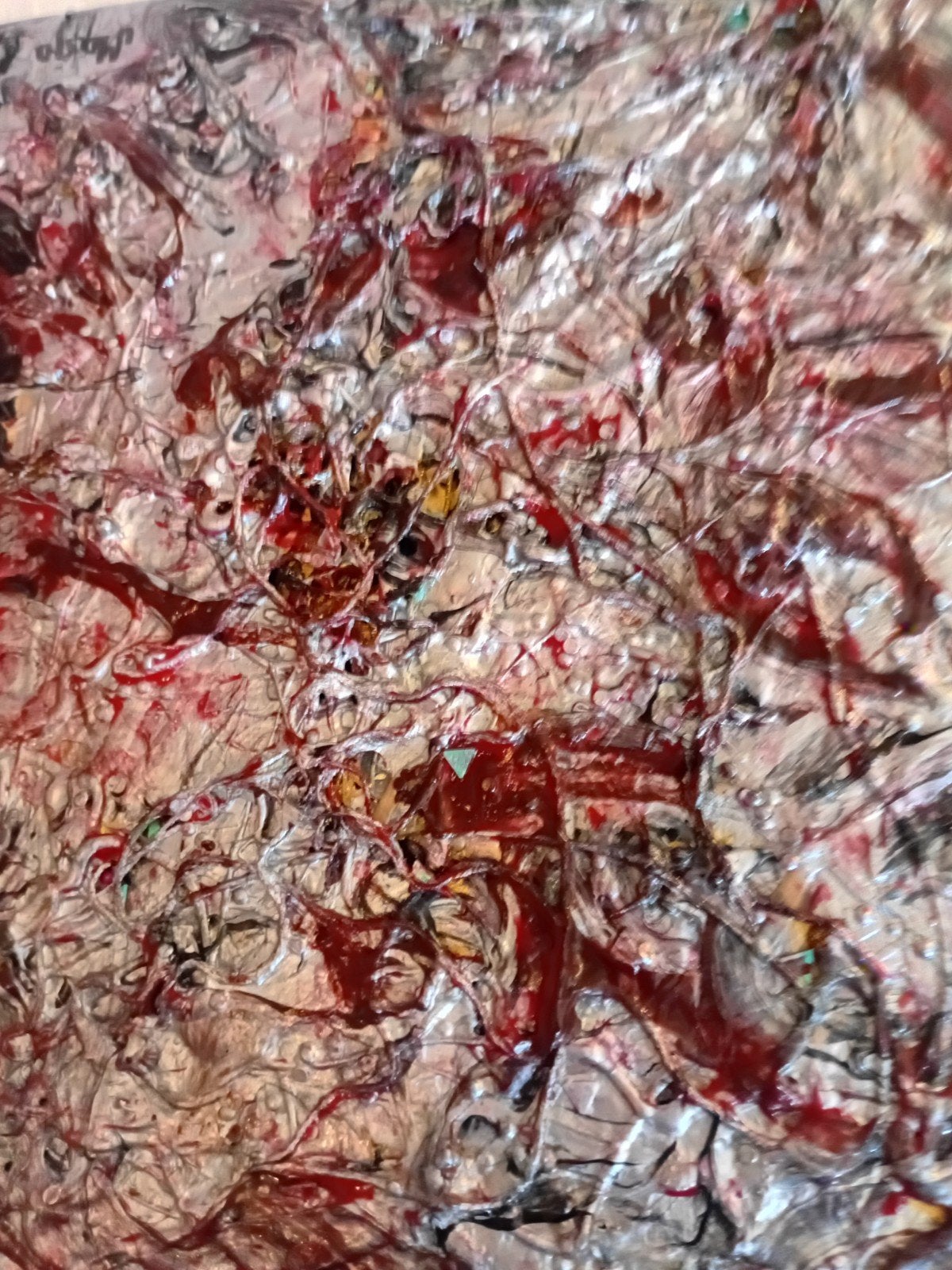 Abstract schilderij met textuur en rode accenten, Ophalen of Verzenden