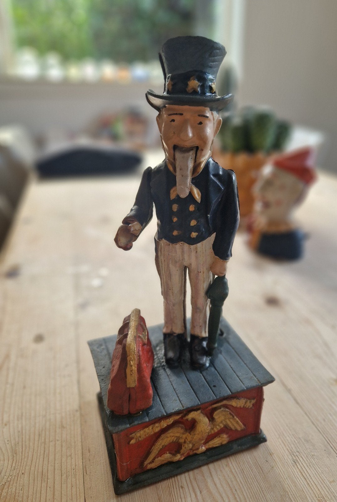 Vintage Uncle Sam Spaarpot - Mechanische Bank, Verzamelen, Ophalen of Verzenden, Gebruikt, Metaal of Blik, Strip- of Tekenfilmfiguur