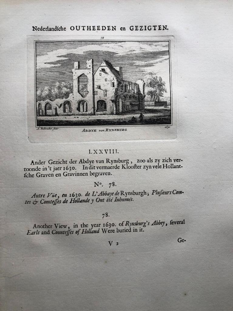 078 / Rijnsburg Ruïne van de Abdij Kopergravure 1731, Antiek en Kunst, Ophalen of Verzenden