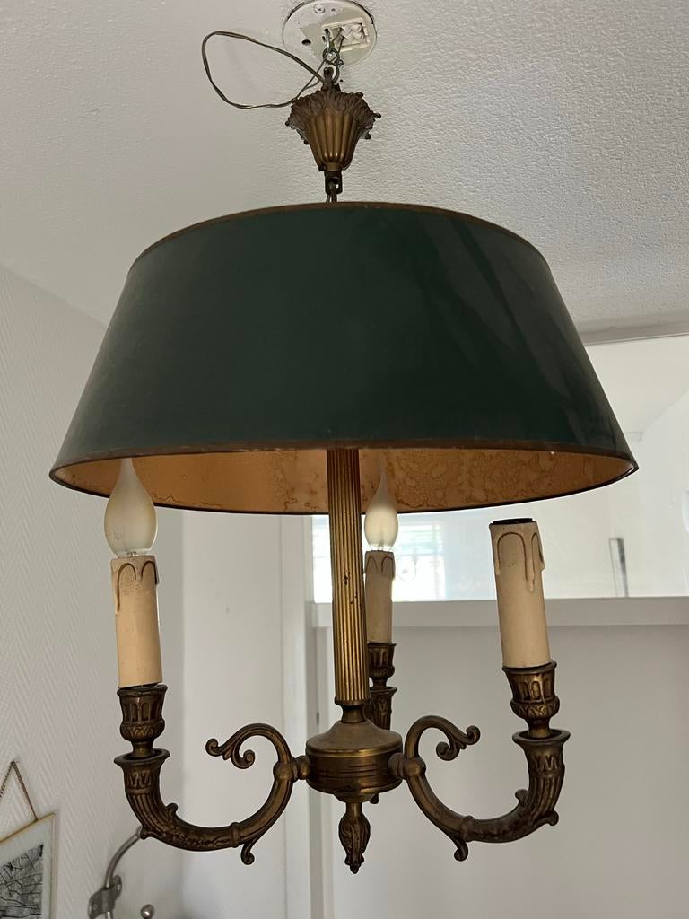 Empire stijl  messing kroonluchter met groene kap, Huis en Inrichting, Lampen | Kroonluchters, Ophalen, Gebruikt, Metaal, Empire
