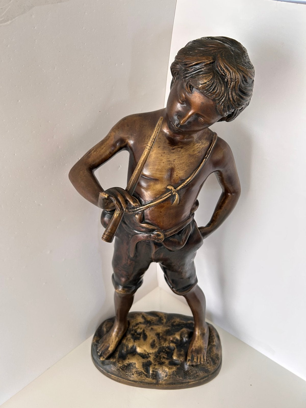 Groot antiek beeld Aug. Moreau – Jongen met fluit – 70 cm, Ophalen of Verzenden