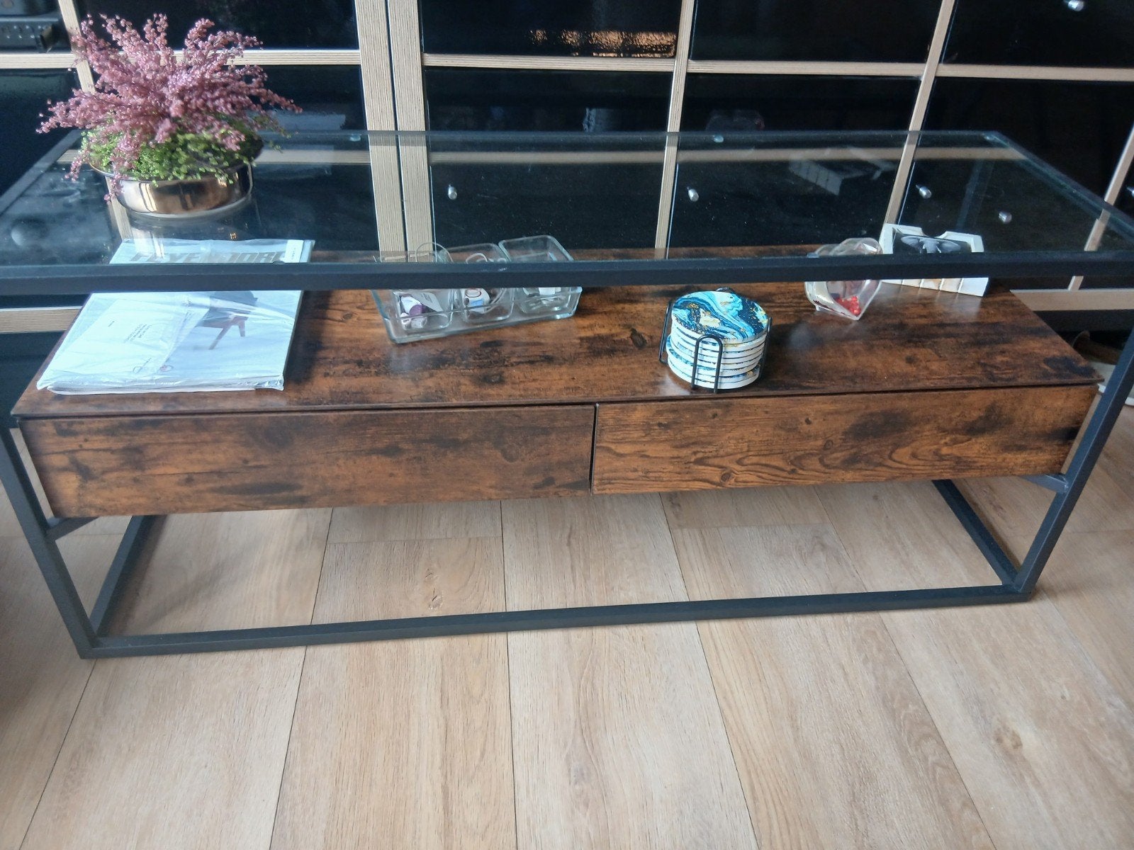 salontafel met glasplaat, Ophalen, 25 tot 50 cm, Rechthoekig, 100 tot 150 cm