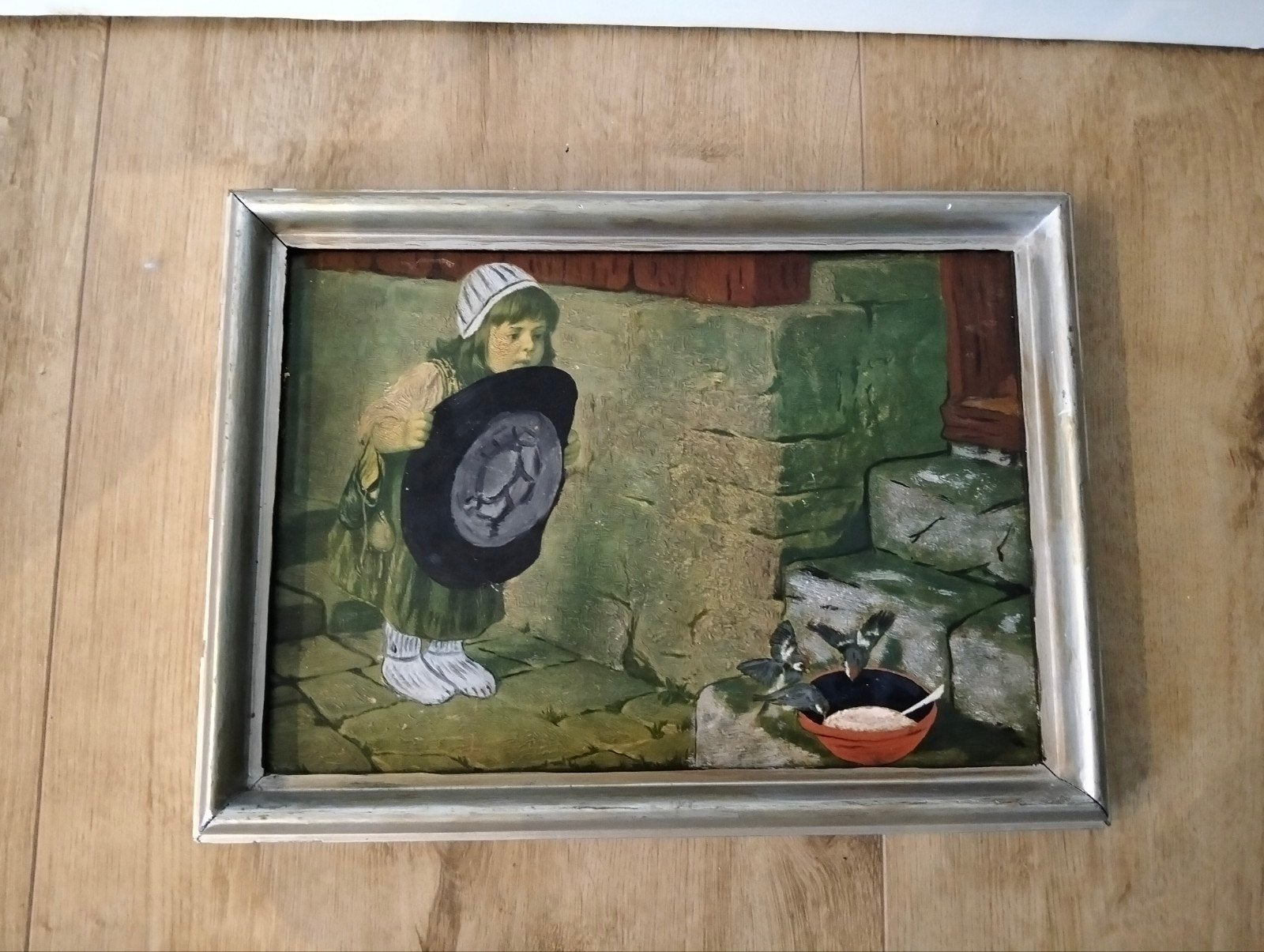 Antiek/vintage olieverfschilderij, Meisje met vogels, Ophalen