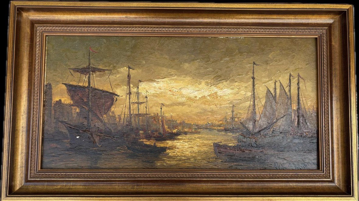 Sfeervol schilderij Brouwer - Havengezicht bij zonsondergang, Antiek en Kunst, Ophalen, Olieverf