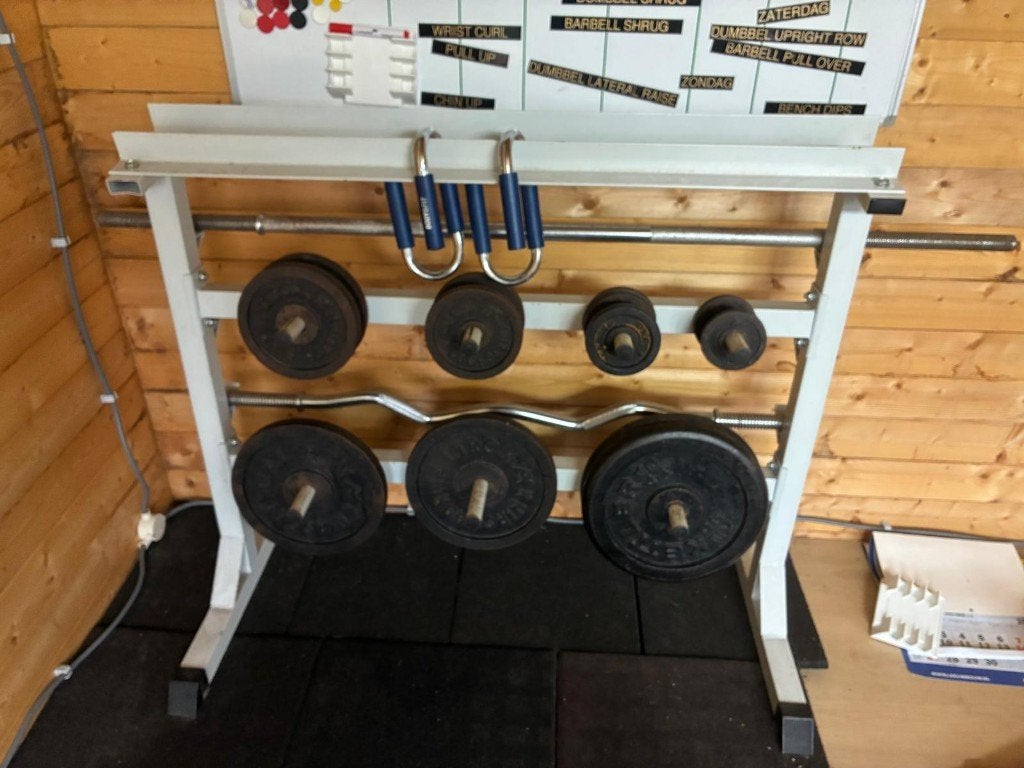 Complete Halterset met Stangen en Schijven 30mm en houder, Sport en Fitness, Ophalen of Verzenden, Gebruikt, Benen, Halterset