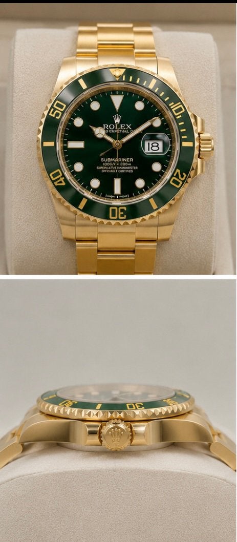 Rolex Submariner Goud Groen Horloge met Doos en Papieren, Rolex, Polshorloge, Ophalen of Verzenden, Zo goed als nieuw