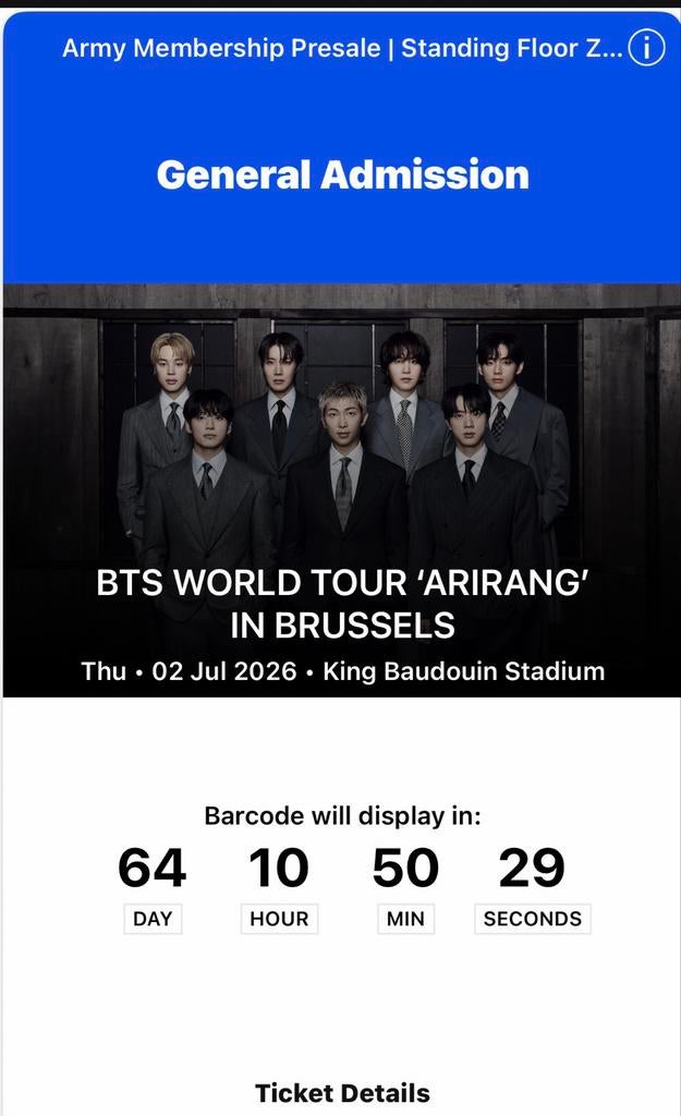 Bts ticket Brussel D2, Tickets en Kaartjes, Concerten | Pop, Eén persoon, Juli
