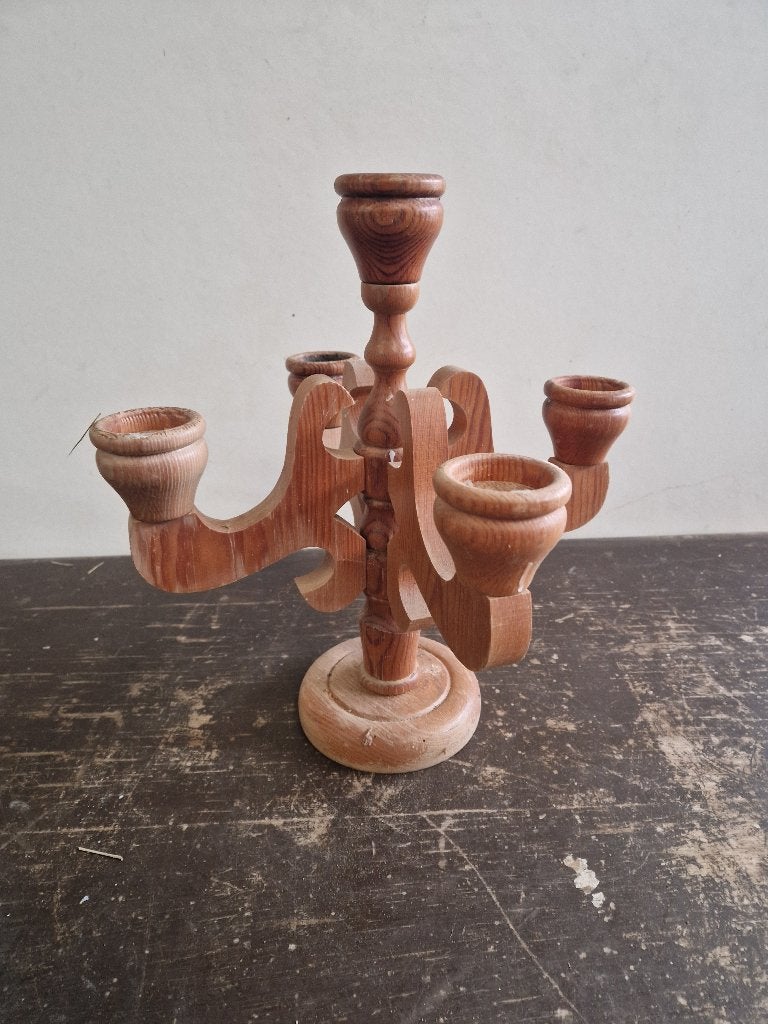 Vintage houten kandelabra kandelaar 5 kaarsen, Gebruikt, Bruin, 35 cm, Ophalen of Verzenden