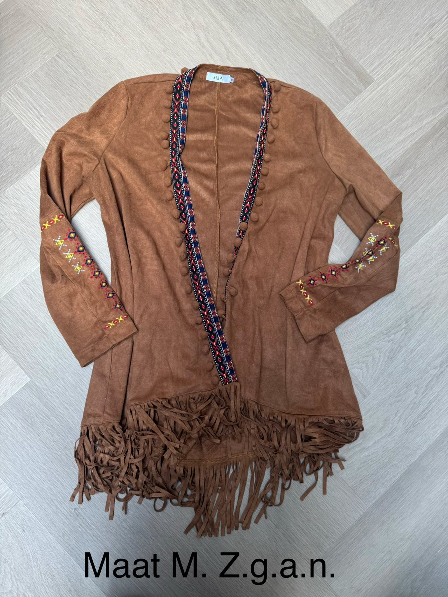 Bruin suède-look vest met franjes en borduursels, Maat M, Ophalen of Verzenden, Zo goed als nieuw, Maat 38/40 (M), Bruin