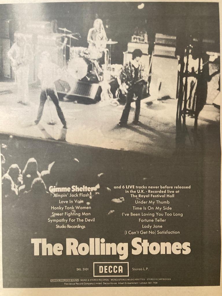 Paginagrote A3 advertentie ROLLING STONES Gimme Shelter rele, Ophalen of Verzenden, Zo goed als nieuw
