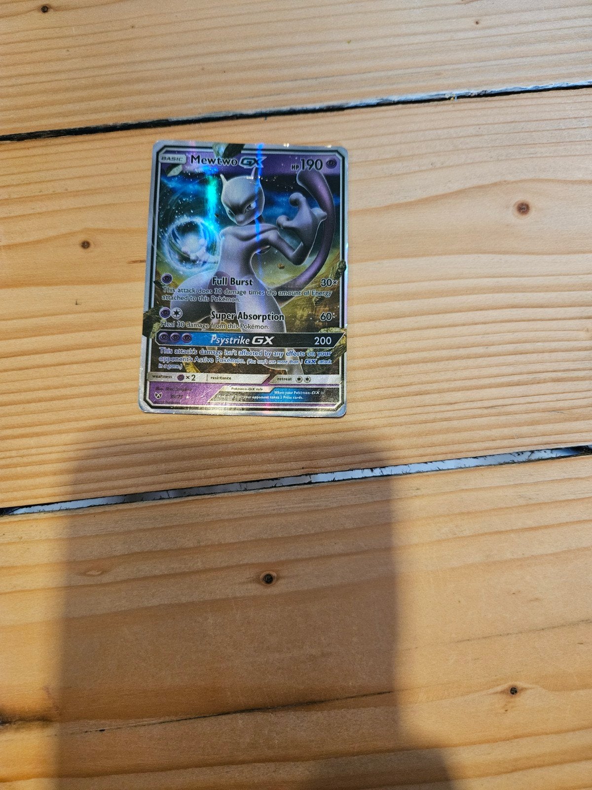 Mewtwo GX Pokémon kaart met lichte beschadigingen, Ophalen of Verzenden, Gebruikt, Losse kaart, Foil