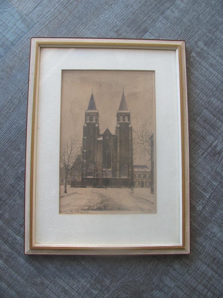 Bob Brobbel - Arnhem, de Sint-Walburgiskerk, Antiek en Kunst, Kunst | Etsen en Gravures, Stadsgezicht, Origineel, Ophalen of Verzenden