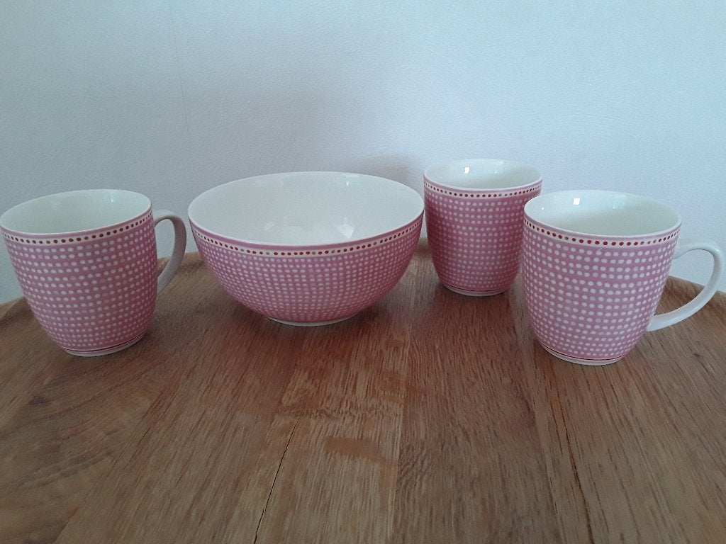 Roze/wit schaaltje en 3 mokjes AH, Zo goed als nieuw, Albert Heijn, Overige stijlen, Aardewerk